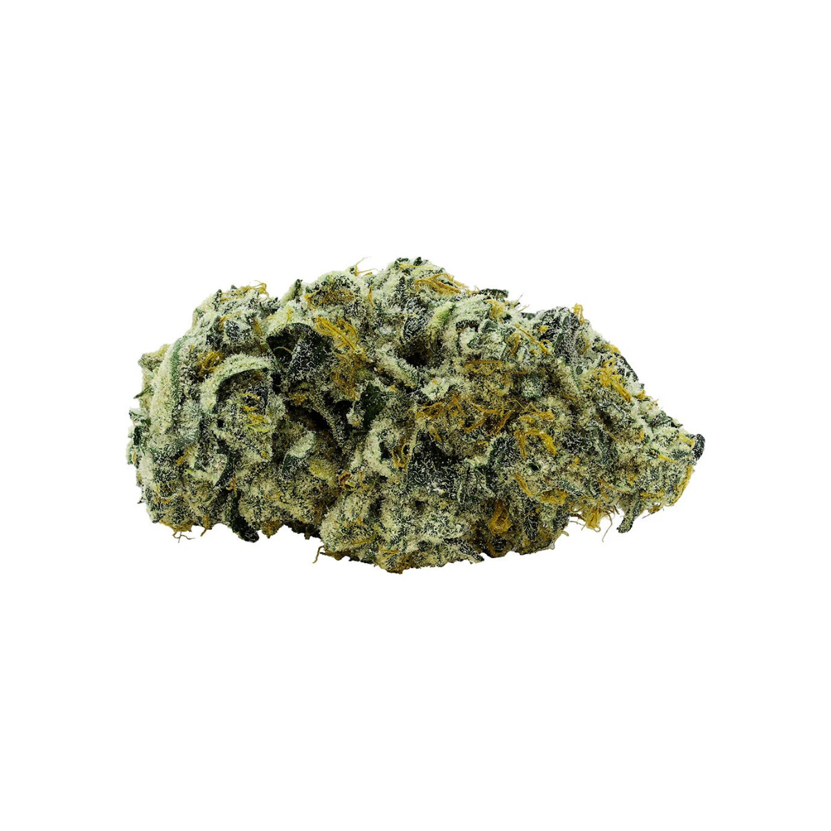 Close-up of a green and yellow cannabis bud on a white background