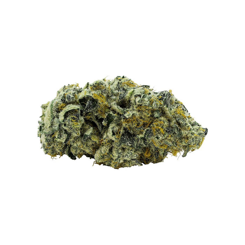 Close-up of a green and yellow cannabis bud on a white background