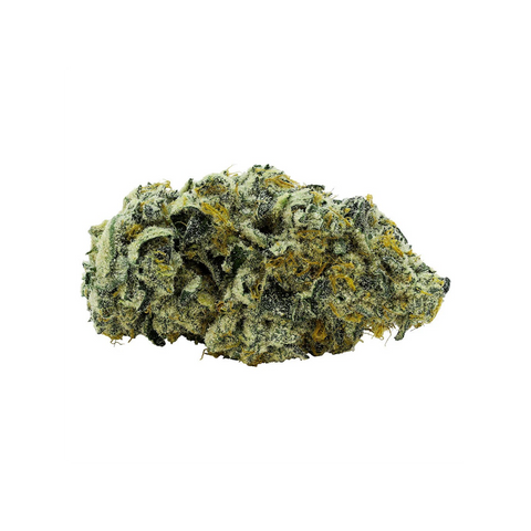 Close-up of a green and yellow cannabis bud on a white background