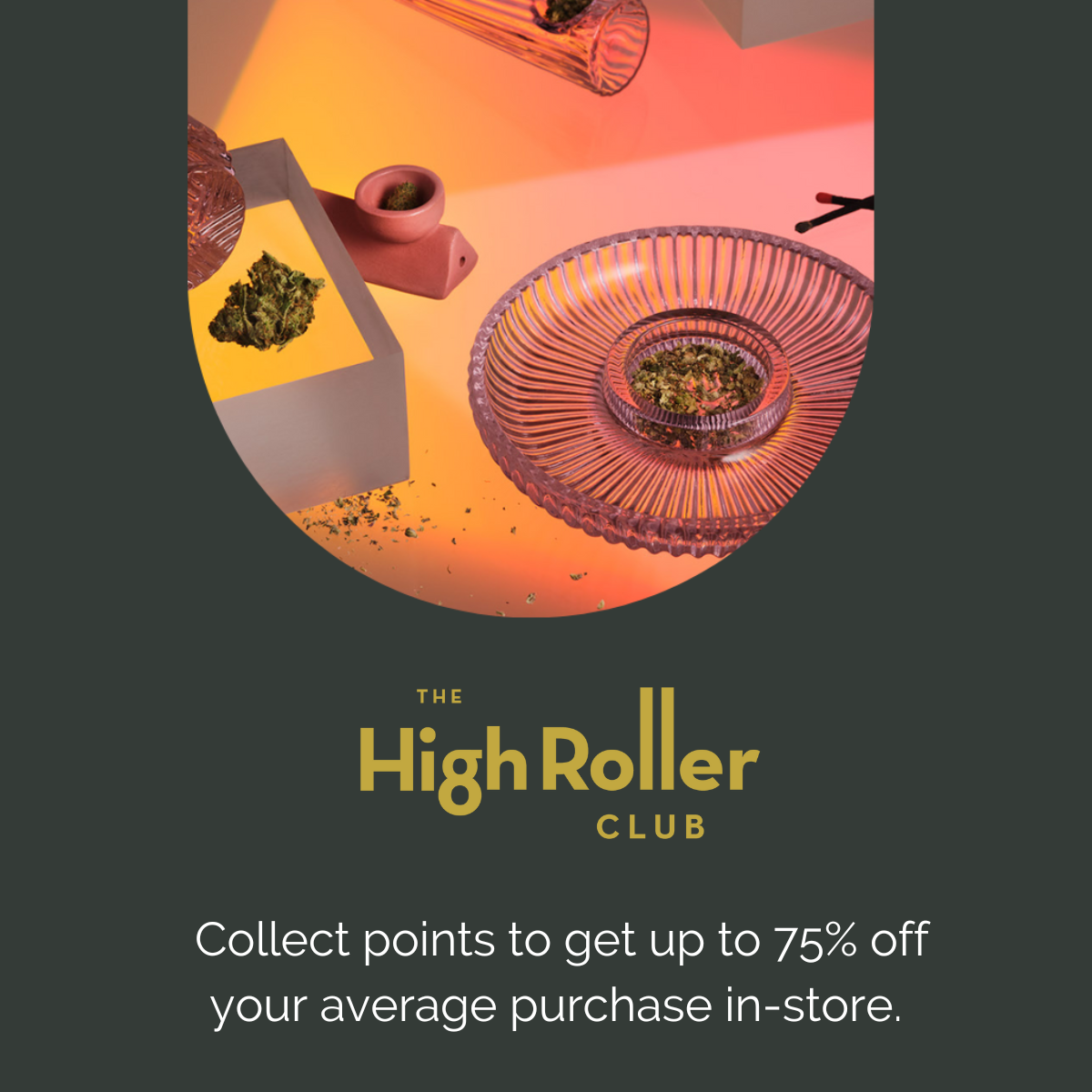 The High Roller Club. Collect points to get up to 75% off your average purchase in-store.